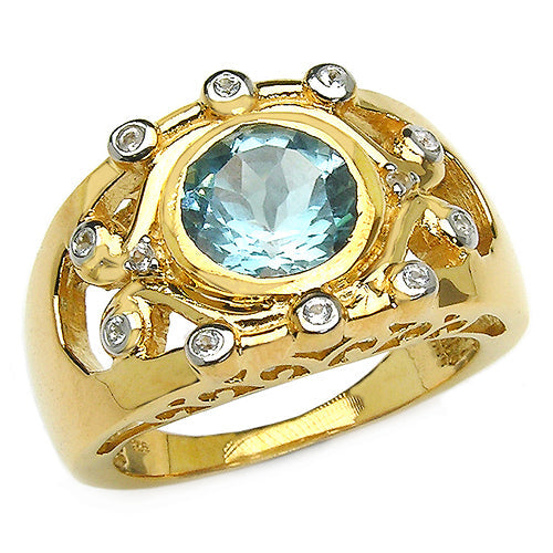 14K Yellow Gold Plated 3.42 Carat Genuine Blue Topaz & White Topaz .925 Sterling Silver Ring by Bids.com