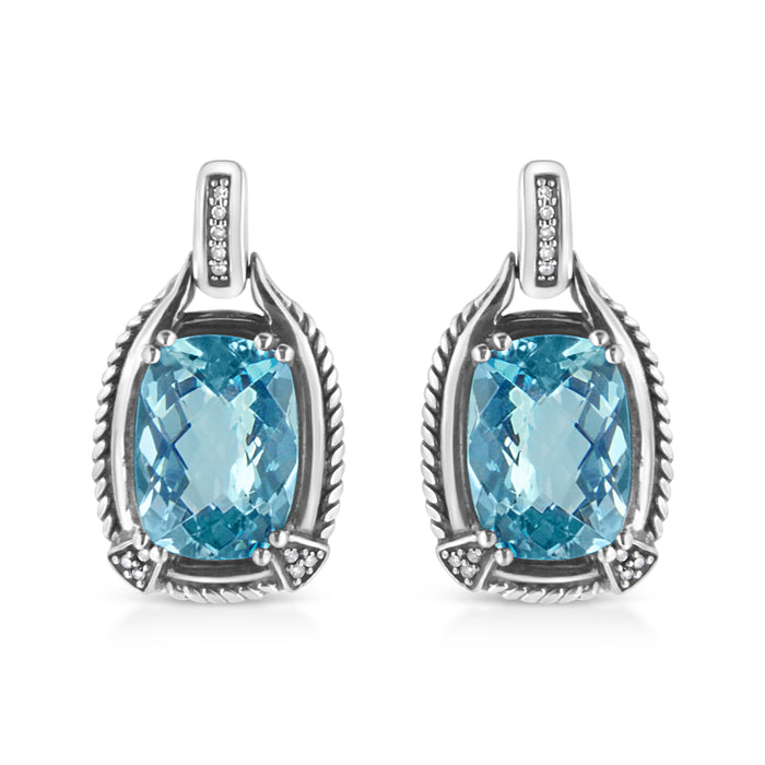 .925 Sterling Silver 14x10MM Cushion Cut Blue Topaz Gemstone and Diamond Accent Dangle Earring (I-J Color, I1-I2 Clarity) by Bids.com