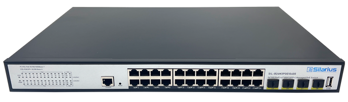 Silarius SIL-B24M3POE1G400 24 Ports 10/100/1000Mbps Gigabit Layer 3 Managed PoE+ switch with 4 Ports 10G SFP+ Uplink, 1 Console, 6KV surge protection, 400W, rack mount installation by Silarius