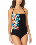 Anne Cole Womens Swimwear Black Blouson One-Piece Floral by Vanessa Jane