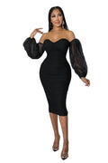 Sweetheart Ruched Midi Dress with Mesh See Thru Sleeves by The House of Stylez