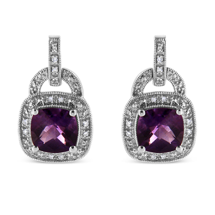 .925 Sterling Silver 8MM Natural Cushion Shaped Amethyst and Diamond Accent Halo with Push Back Dangle Earrings (I-J Color, I2-I3 Clarity) by Bids.com