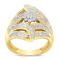 10K Yellow Gold Flashed .925 Sterling Silver 1-1/8 Cttw Round & Baguette Diamond 'Flower & Fern' Cluster Cocktail Fashion Ring (I-J Color, I2-I3 Clarity) - Size 6 by Bids.com