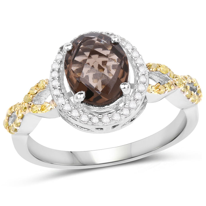 1.90 Carat Genuine Smoky Quartz, Yellow Diamond & White Diamond .925 Sterling Silver Ring by Bids.com