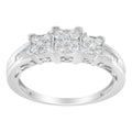 10K White Gold 1/2 Cttw Brilliant & Baguette Cut Diamond 3 Stone Design with 3 Square Clusters Engagement Ring (H-I Color, SI2-I1 Clarity) - Size 6-3/4 by Bids.com