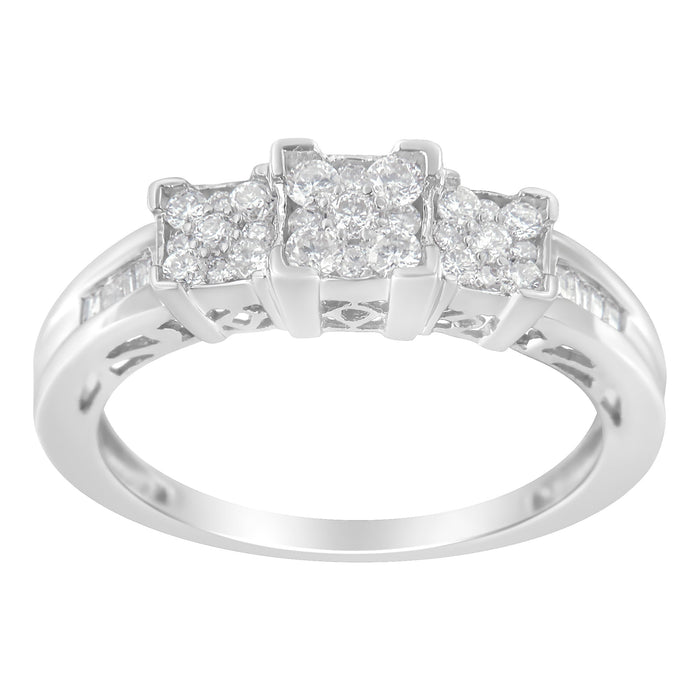 10K White Gold 1/2 Cttw Brilliant & Baguette Cut Diamond 3 Stone Design with 3 Square Clusters Engagement Ring (H-I Color, SI2-I1 Clarity) - Size 6-3/4 by Bids.com