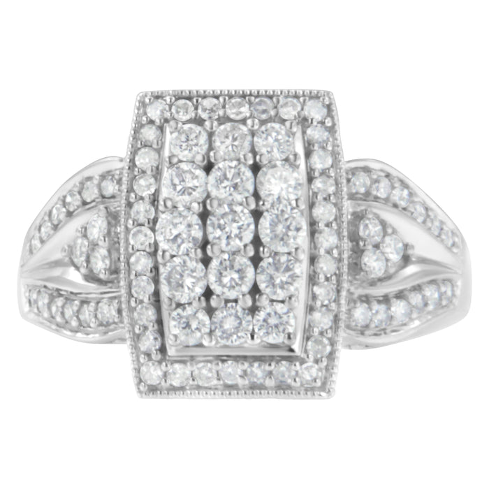 10K White Gold 1.0 Cttw Diamond Rectangular Cushion Shaped Cluster Halo Flared Band Cocktail Fashion Ring (H-I Color, SI2-I1 Clarity) - Size 7 by Bids.com