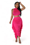 Two Piece Mock Neck Crop Top Ruched Fringed Skirt Set by The House of Stylez