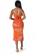Orange Floral Knit Halter Midi Dress by The House of Stylez