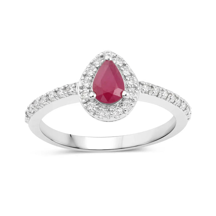 0.40 Ct Pear Pink Ruby & Lab Grown Diamond Prong Silver Halo Pave Band Ring by Fine Color Jewels