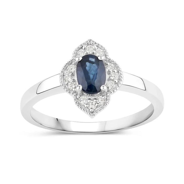 0.48 Ct Oval Blue Sapphire and Lab Diamond Prong Silver Halo Floral Ring by Fine Color Jewels