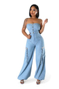 Denim Jean Sleeveless Cargo Jumpsuit by The House of Stylez