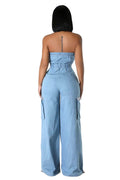 Denim Jean Sleeveless Cargo Jumpsuit by The House of Stylez