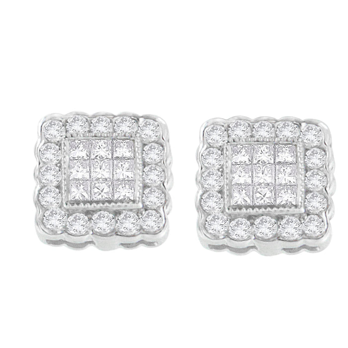 14K White Gold 1.0 Cttw Round Brilliant & Princess Cut Diamond Scallop-Edge Framed Square Halo Stud Earrings (G-H Color, SI1-SI2 Clarity) by Bids.com