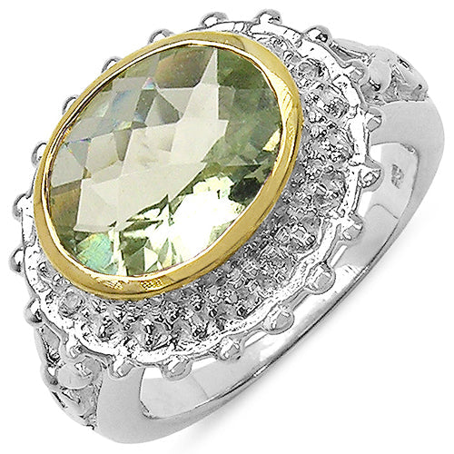 Two Tone Plated 4.16 Carat Genuine Green Amethyst & White Topaz .925 Sterling Silver Ring by Bids.com