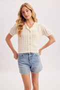 POINTELLE BUTTON DOWN SHIRT KNIT CARDIGAN: IVORY by Boutique 23