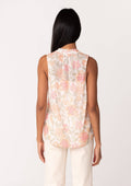Sheer Floral Button Front Ruffle Neck Tank Top: Natural/Coral by Boutique 23