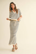 STRIPE PATTERN COLLARED SHORT SLEEVE TOP: NAVY STRIPE by Boutique 23