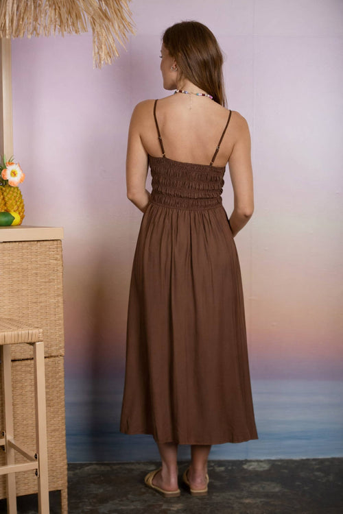 SHIRRED BODICE SPAGHETTI STRAP MIDI DRESS by Boutique 23