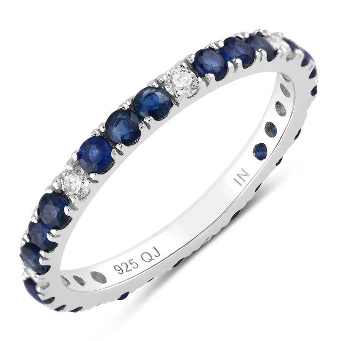 1.01 Ct Round Blue Sapphire and Lab Diamond Prong Silver Eternity Band Ring by Fine Color Jewels