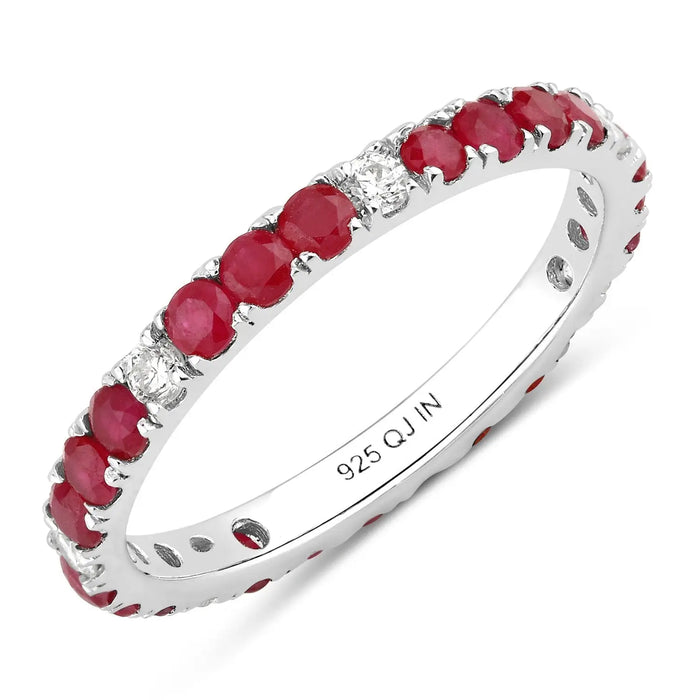 1.01 Ct Round Pink Mozambique Ruby and Lab Diamond Prong Silver Eternity Band Ring by Fine Color Jewels
