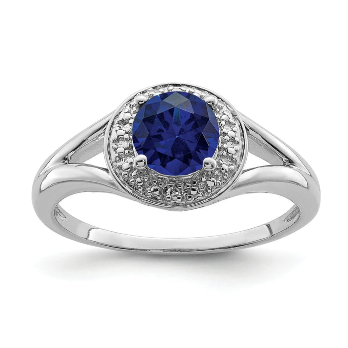 1.05 Ct Created Sapphire & Diamond Prong Rhodium-Plated Sterling Silver Halo Ring by Fine Color Jewels