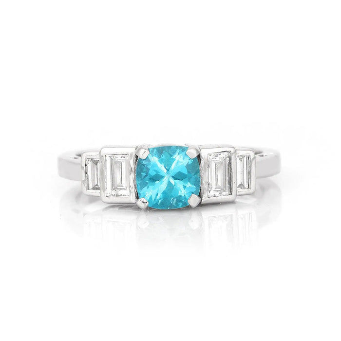 1.05 Ct Cushion Blue Natural Paraiba Apatite Prong Rhodium Plated Sterling Silver Baguette Accents Five Stone Ring by Fine Color Jewels