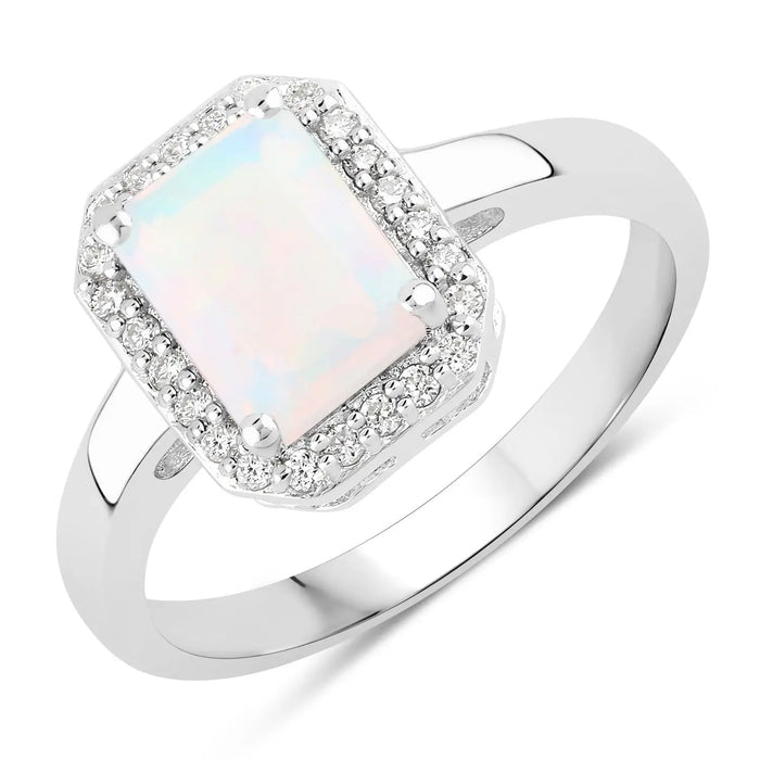 1.05 Ct Octagon Ethiopian Opal and Lab Diamond Prong Silver Halo Ring by Fine Color Jewels