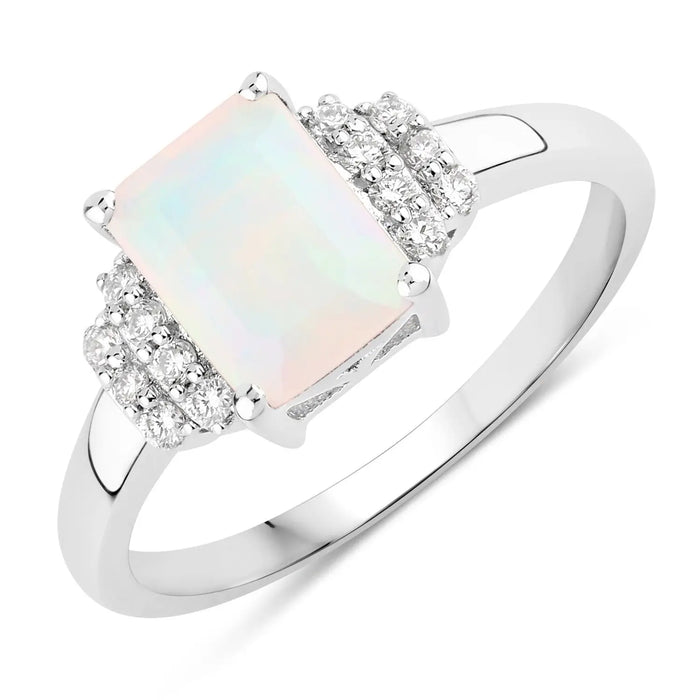 1.05 Ct Octagon White Ethiopian Opal and Lab Diamond Prong Silver Cocktail Ring by Fine Color Jewels