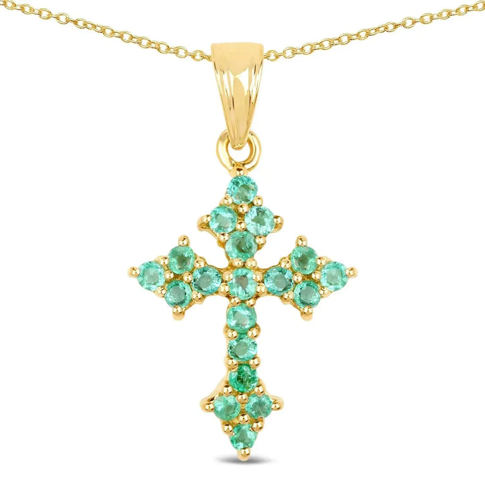 1.05 Ct Round Green Zambian Emerald Prong Silver Cross Pendant Necklace by Fine Color Jewels