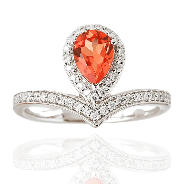 1.08 Ct Pear Lab Created Peach Sapphire and Moissanite Prong Silver Crown Ring by Fine Color Jewels