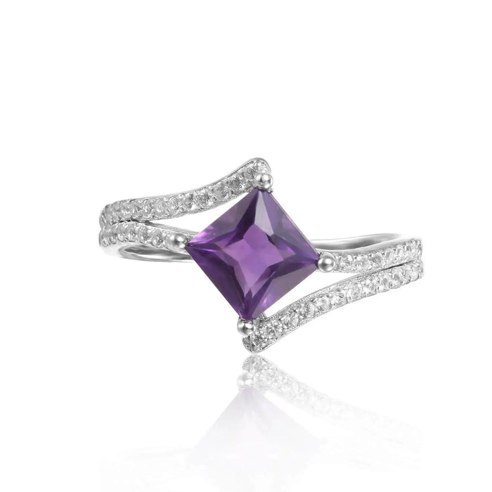 1.08 Ct Square Purple Amethyst and Mossanite Prong Silver Solitaire Princess cut Ring by Fine Color Jewels