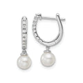 1/10 ct Lab Diamond and Cultured Pearl Hinged Hoop Earrings 14k White Gold by Fine Color Jewels