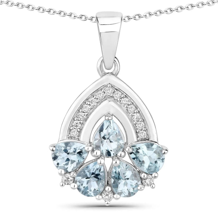 1.10 Ct Pear Blue Aquamarine & Lab Diamond Prong Silver Five Stone Pendant Necklace by Fine Color Jewels