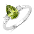 1.10 Ct Pear Green Peridot and Lab Diamond Prong Silver Three Stone Ring by Fine Color Jewels