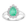 1.10 Ct Pear Green Zambian Emerald Diamond V-Prong 10k Gold Halo Statement Ring