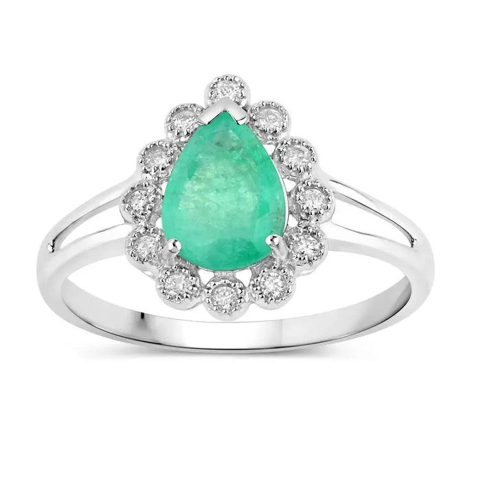 1.10 Ct Pear Green Zambian Emerald Diamond V-Prong 10k Gold Halo Statement Ring by Fine Color Jewels