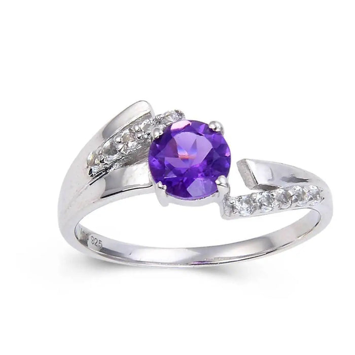 1.10 Ct Round Purple Amethyst and White Topaz Prong Silver Promise Ring by Fine Color Jewels