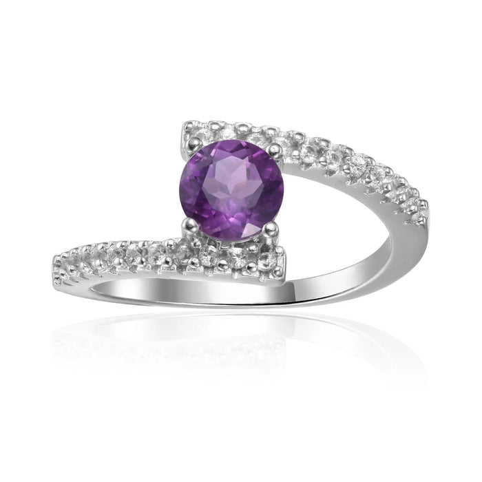 1.11 Ct Round Purple Amethyst and White Sapphire Prong Silver Bypass Solitaire Ring by Fine Color Jewels