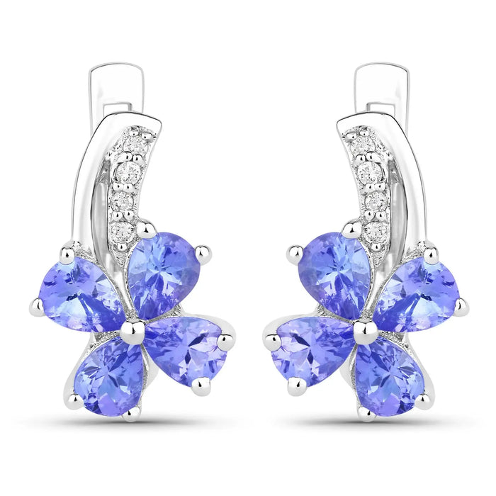 1.12 Ct Pear Violet Tanzanite & Lab Diamond Prong Silver Flower Drop Earrings by Fine Color Jewels