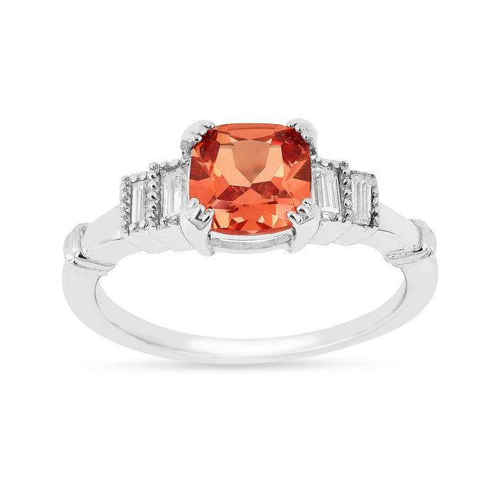 1.14 Ct Cushion Lab Created Peach Sapphire and Moissanite Prong Silver Five Stone Ring by Fine Color Jewels