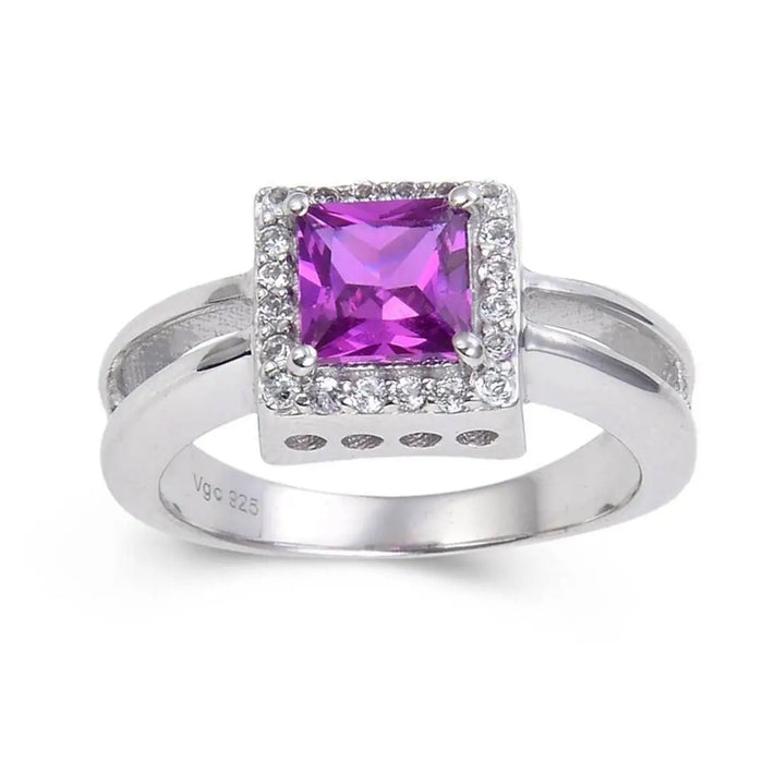 1.14 Ct Square Created Purple Sapphire and White Topaz Prong Silver Halo Engagement Ring by Fine Color Jewels
