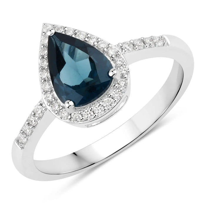 1.15 Ct Pear London Blue Topaz Lab Diamond Prong Silver Halo Pave Bridge Ring by Fine Color Jewels