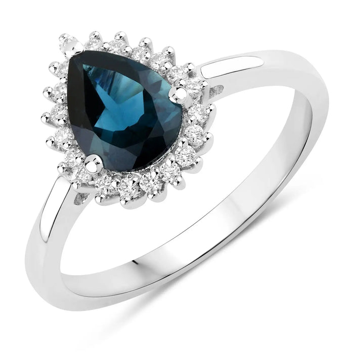 1.15 Ct Pear London Blue Topaz & Lab Diamond Prong Silver Halo Ring by Fine Color Jewels