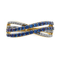 1.19 Ct Round Blue Sapphire & Diamond Pavé 14K Gold 4-Row Criss Cross Ring by Fine Color Jewels