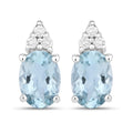 1.20 Ct Oval Blue Aquamarine & Lab Diamond Prong Silver Stud Earrings by Fine Color Jewels