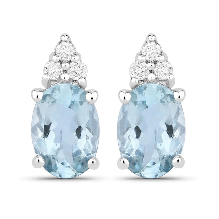 1.20 Ct Oval Blue Aquamarine & Lab Diamond Prong Silver Stud Earrings by Fine Color Jewels