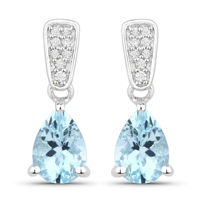 1.20 Ct Pear Blue Aquamarine & Lab Diamond Prong Silver Teardrop Dangle Earrings by Fine Color Jewels
