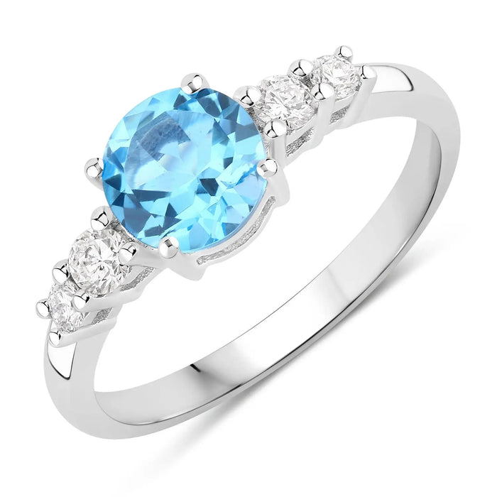 1.20 Ct Round Swiss Blue Topaz and Lab Diamond Prong Silver Five Stone Ring by Fine Color Jewels