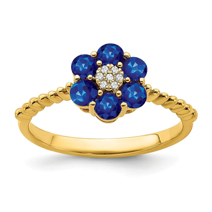 1.21 Ct Round Blue Sapphire and Diamond 14k Yellow Gold Floral Rope Band Ring by Fine Color Jewels